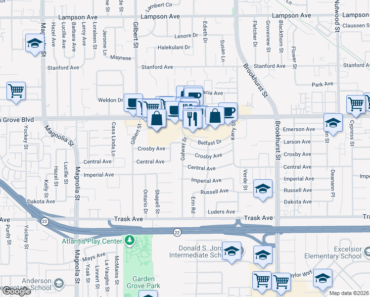 map of restaurants, bars, coffee shops, grocery stores, and more near 13142 Galway Street in Garden Grove