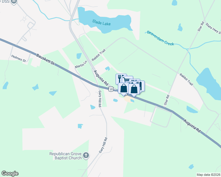 map of restaurants, bars, coffee shops, grocery stores, and more near 291-331 Augusta Road in Edgefield
