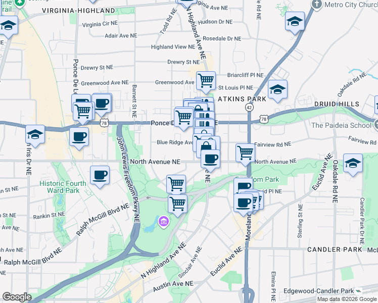 map of restaurants, bars, coffee shops, grocery stores, and more near 656 Cleburne Terrace Northeast in Atlanta
