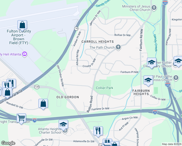 map of restaurants, bars, coffee shops, grocery stores, and more near 3649 Adkins Road Northwest in Atlanta