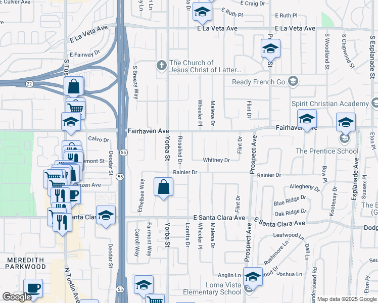 map of restaurants, bars, coffee shops, grocery stores, and more near 13091 Loretta Drive in Santa Ana