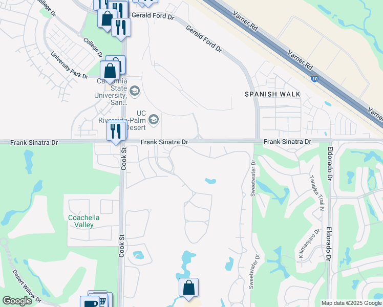 map of restaurants, bars, coffee shops, grocery stores, and more near 515 Desert Falls Drive North in Palm Desert