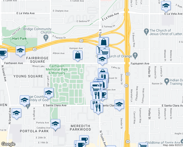 map of restaurants, bars, coffee shops, grocery stores, and more near 2624 North Tustin Avenue in Santa Ana