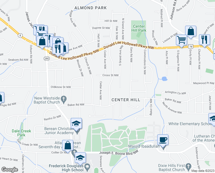 map of restaurants, bars, coffee shops, grocery stores, and more near 612 Center Hill Avenue Northwest in Atlanta