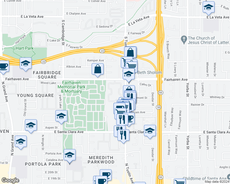 map of restaurants, bars, coffee shops, grocery stores, and more near 2510 North Tustin Avenue in Santa Ana