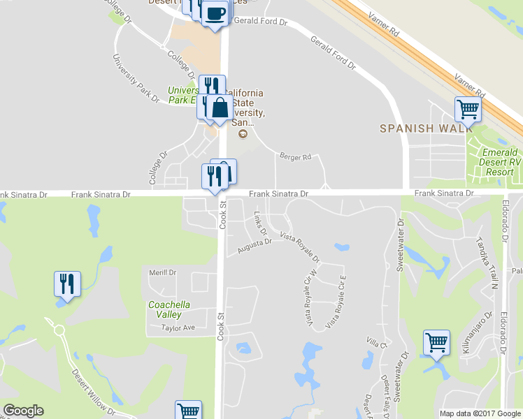 map of restaurants, bars, coffee shops, grocery stores, and more near 404 Links Drive in Palm Desert