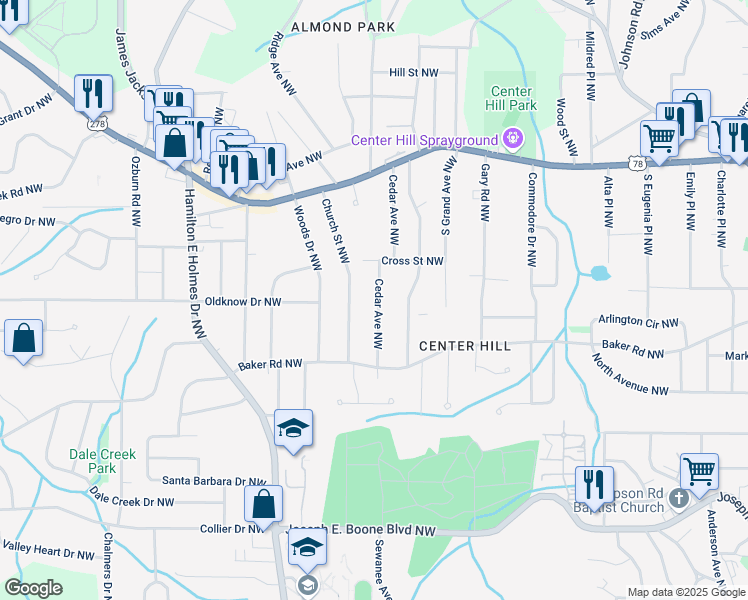 map of restaurants, bars, coffee shops, grocery stores, and more near 606 Cedar Avenue Northwest in Atlanta