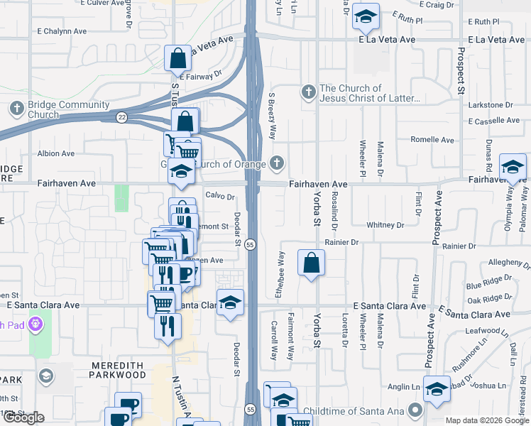 map of restaurants, bars, coffee shops, grocery stores, and more near 17342 Calvo Drive in Santa Ana