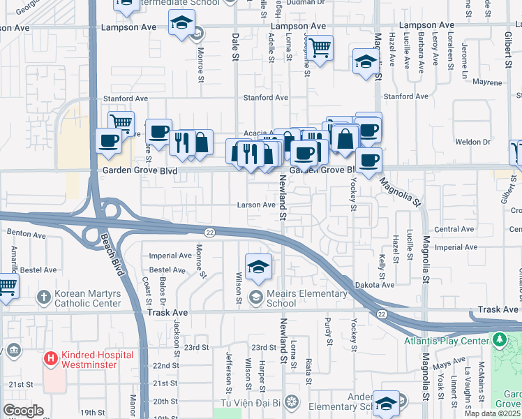 map of restaurants, bars, coffee shops, grocery stores, and more near 8401 Larson Avenue in Garden Grove