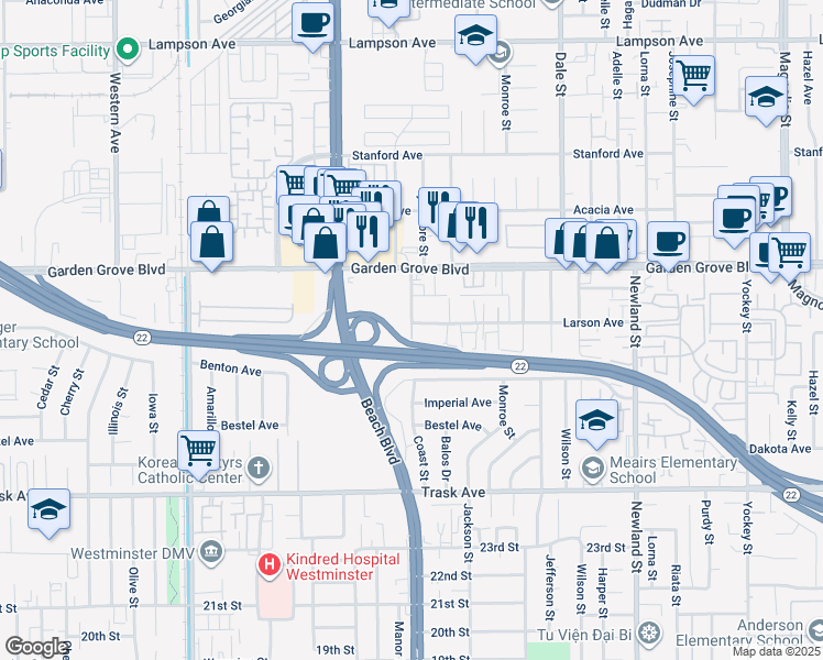 map of restaurants, bars, coffee shops, grocery stores, and more near 13091 Coast Street in Garden Grove