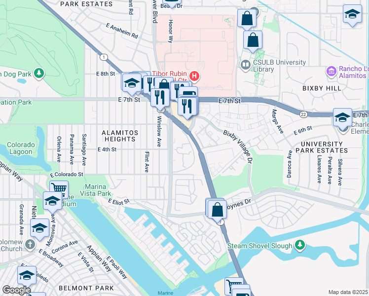 map of restaurants, bars, coffee shops, grocery stores, and more near 552 North Bellflower Boulevard in Long Beach