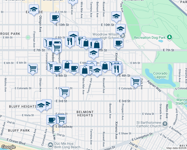 map of restaurants, bars, coffee shops, grocery stores, and more near 433 Termino Avenue in Long Beach