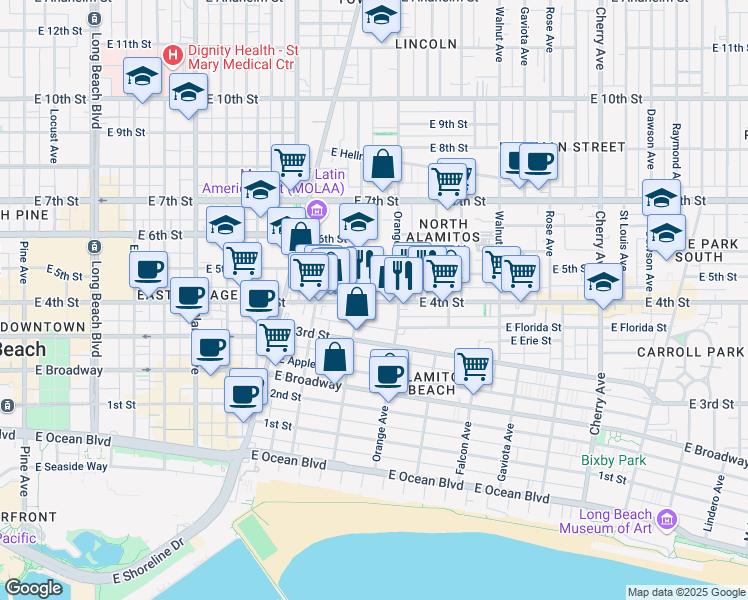 map of restaurants, bars, coffee shops, grocery stores, and more near 438 1/2 Cerritos Avenue in Long Beach
