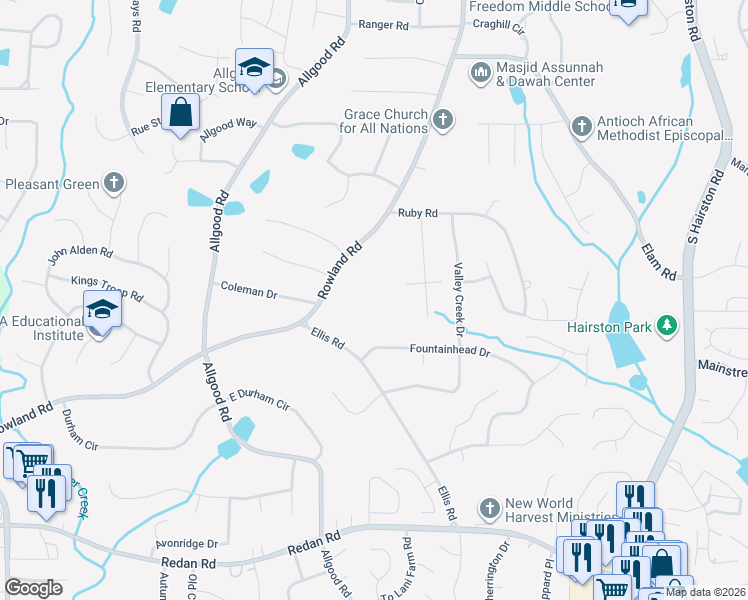 map of restaurants, bars, coffee shops, grocery stores, and more near 832 Rowland Road in Stone Mountain