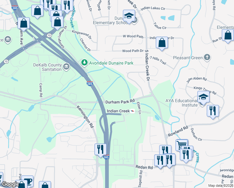 map of restaurants, bars, coffee shops, grocery stores, and more near 3836 Durham Park Road in Decatur