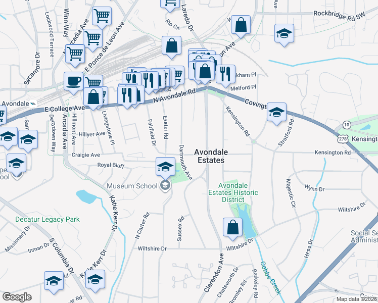 map of restaurants, bars, coffee shops, grocery stores, and more near 40 Dartmouth Avenue in Avondale Estates