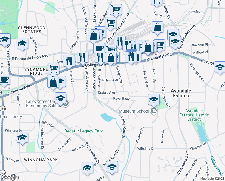 map of restaurants, bars, coffee shops, grocery stores, and more near 2762 Craigie Avenue in Decatur
