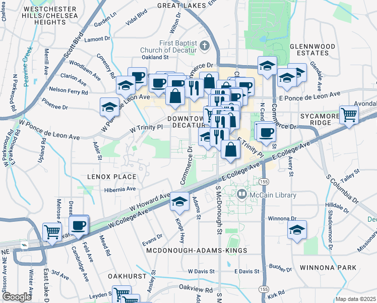 map of restaurants, bars, coffee shops, grocery stores, and more near 310 North McDonough Street in Decatur