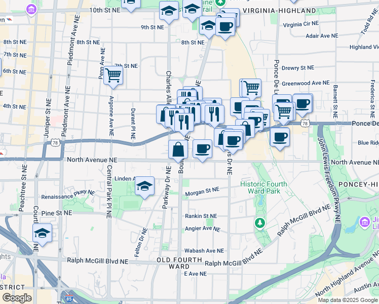 map of restaurants, bars, coffee shops, grocery stores, and more near 631 Boulevard Northeast in Atlanta