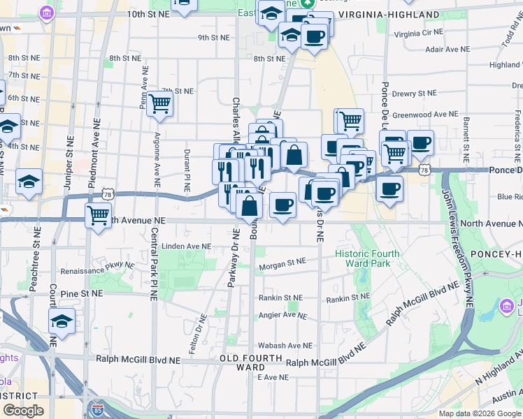 map of restaurants, bars, coffee shops, grocery stores, and more near 650 Boulevard Northeast in Atlanta
