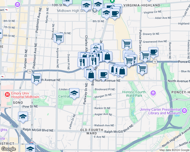 map of restaurants, bars, coffee shops, grocery stores, and more near 629 Boulevard Northeast in Atlanta