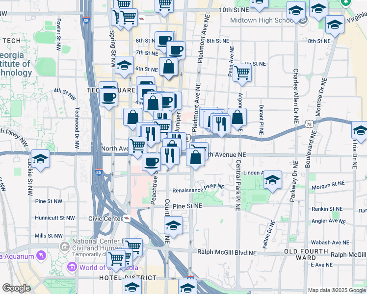 map of restaurants, bars, coffee shops, grocery stores, and more near 150 Ponce De Leon Avenue Northeast in Atlanta