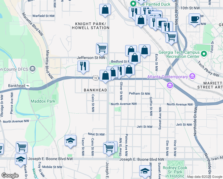 map of restaurants, bars, coffee shops, grocery stores, and more near 649 Joseph E. Lowery Boulevard Northwest in Atlanta