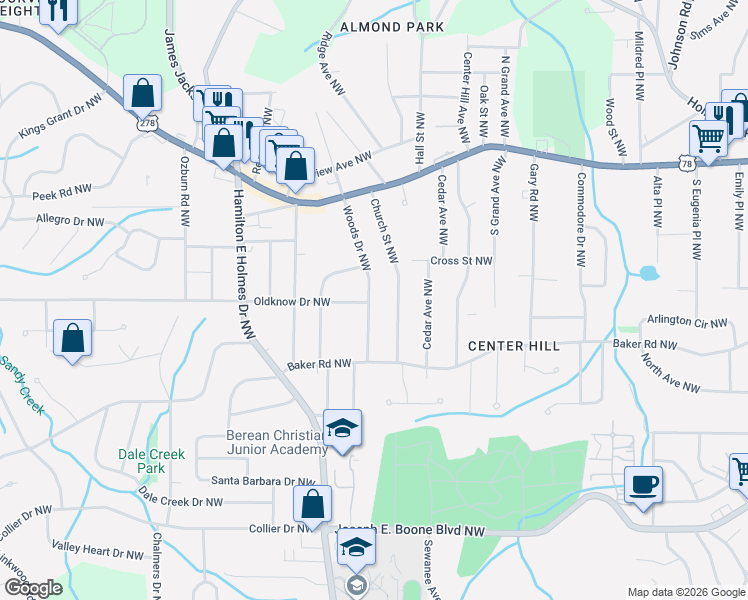 map of restaurants, bars, coffee shops, grocery stores, and more near 637 Woods Drive Northwest in Atlanta