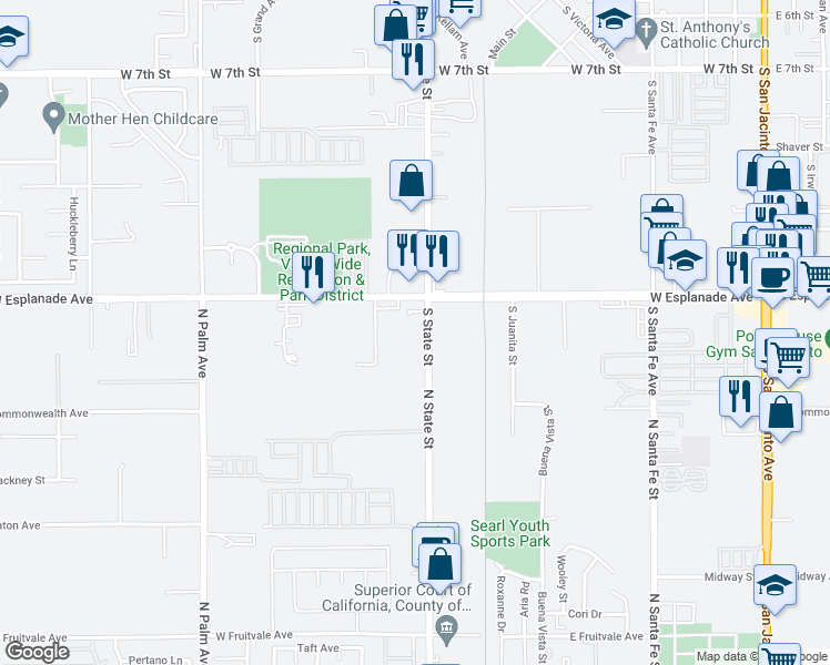 map of restaurants, bars, coffee shops, grocery stores, and more near 1455 North State Street in Hemet