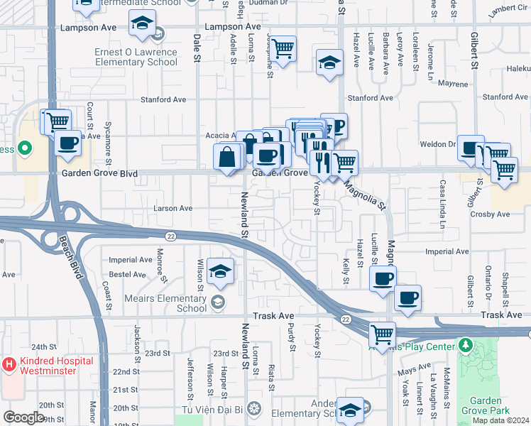 map of restaurants, bars, coffee shops, grocery stores, and more near 8561 Meadow Brook Avenue in Garden Grove