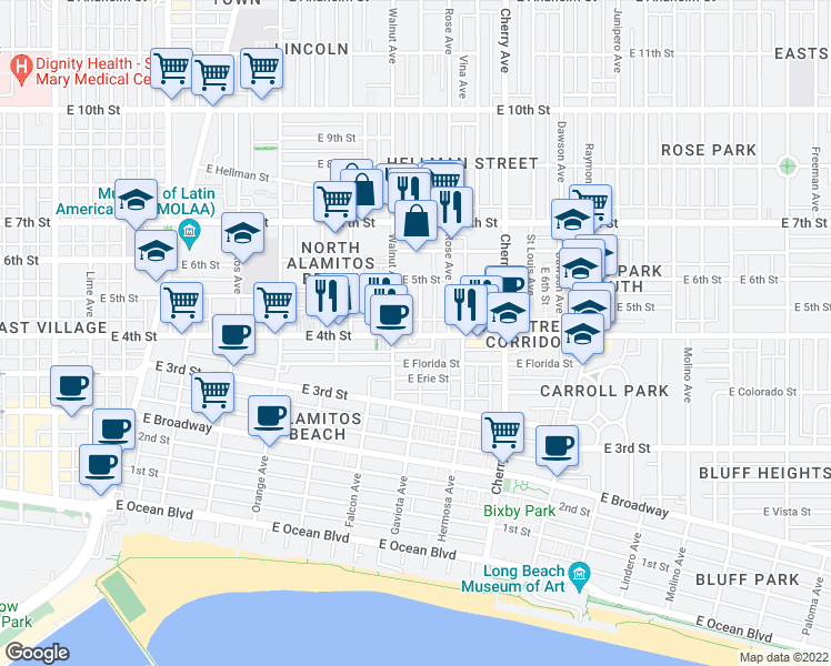 map of restaurants, bars, coffee shops, grocery stores, and more near 1635 East 4th Street in Long Beach