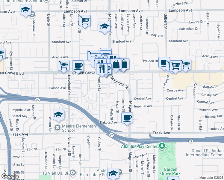 map of restaurants, bars, coffee shops, grocery stores, and more near 13082 Ferndale Drive in Garden Grove