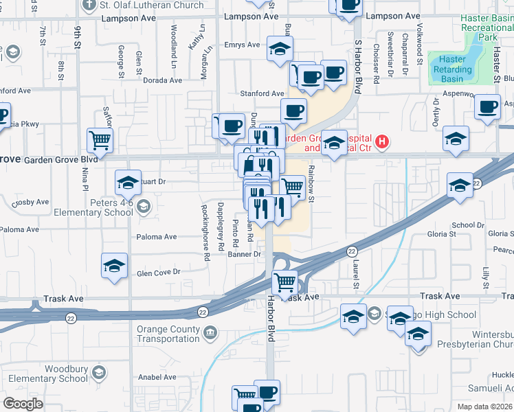 map of restaurants, bars, coffee shops, grocery stores, and more near 13141 Harbor Boulevard in Garden Grove