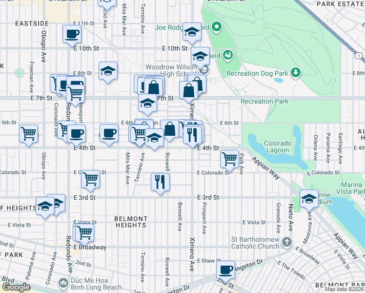 map of restaurants, bars, coffee shops, grocery stores, and more near 4307 East 4th Street in Long Beach