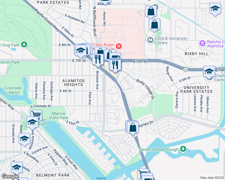 map of restaurants, bars, coffee shops, grocery stores, and more near 552 North Bellflower Boulevard in Long Beach