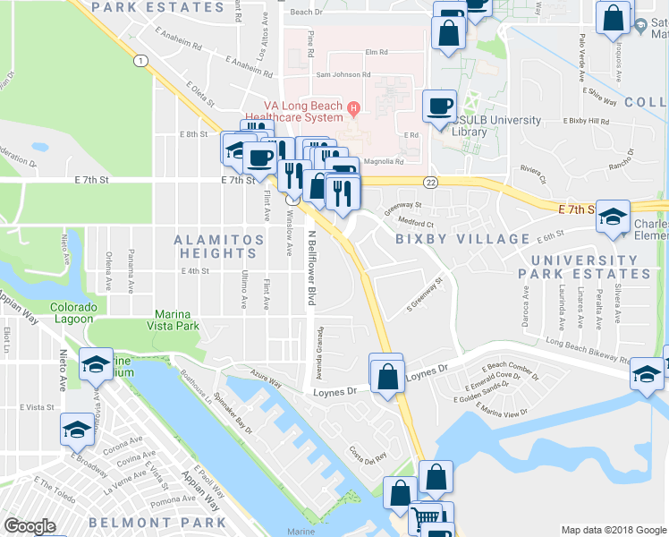 map of restaurants, bars, coffee shops, grocery stores, and more near 552 North Bellflower Boulevard in Long Beach