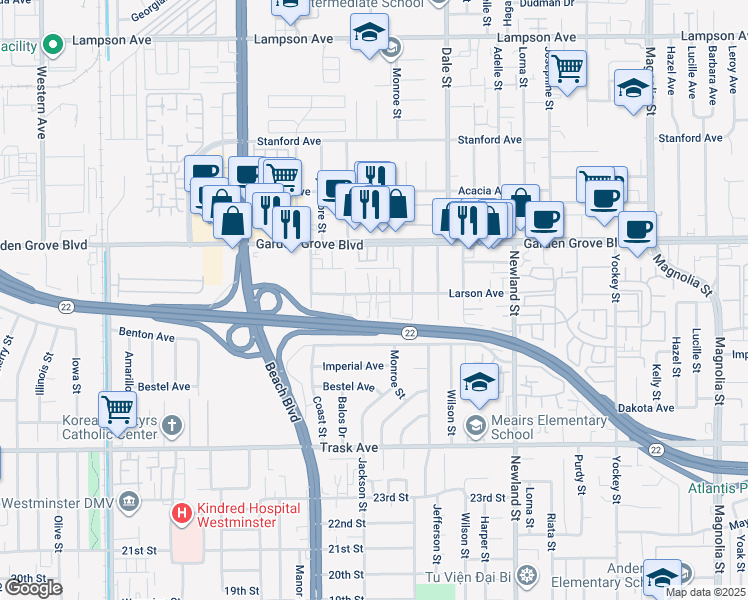map of restaurants, bars, coffee shops, grocery stores, and more near 8152 Larson Avenue in Garden Grove
