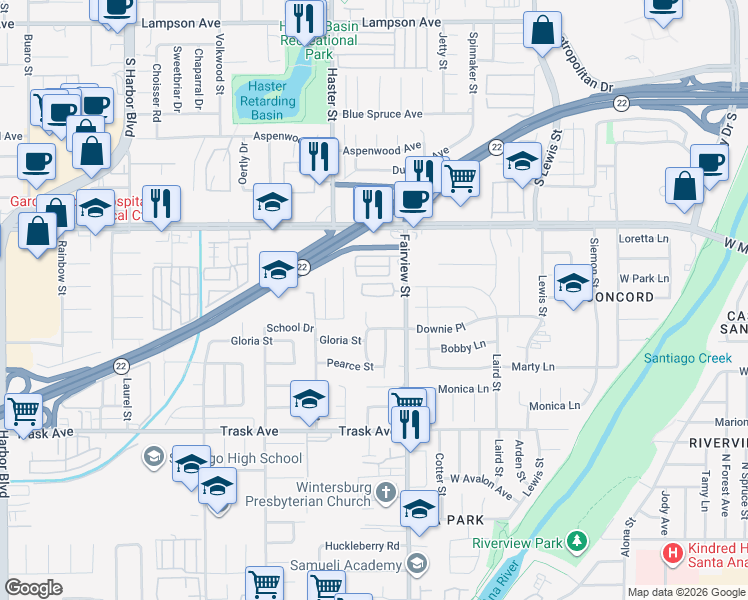 map of restaurants, bars, coffee shops, grocery stores, and more near 12881 Glendon Place in Garden Grove