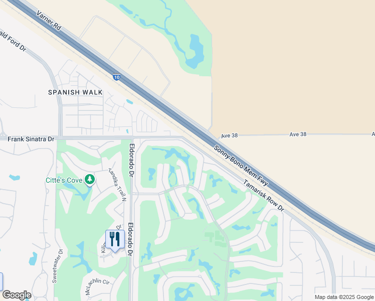 map of restaurants, bars, coffee shops, grocery stores, and more near 38089 Crocus Lane in Palm Desert