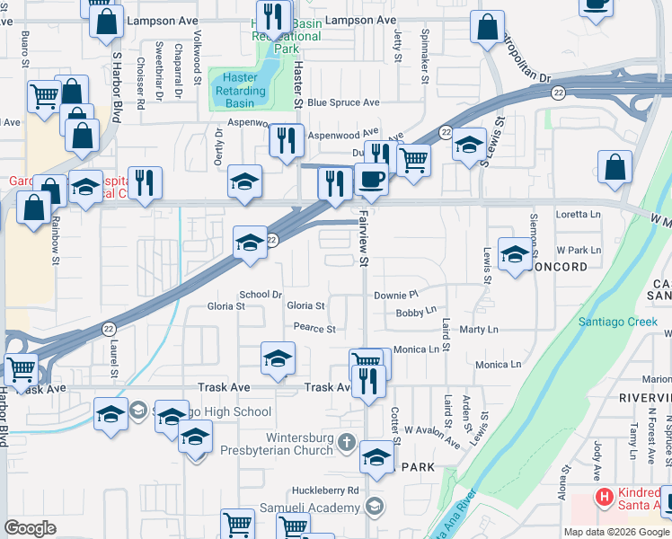 map of restaurants, bars, coffee shops, grocery stores, and more near 12892 Abbey Road in Garden Grove