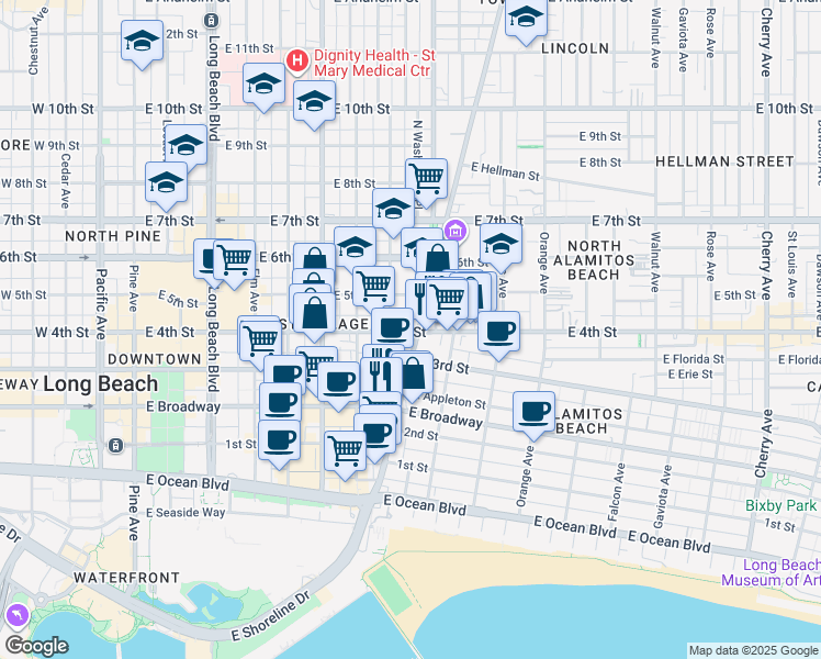map of restaurants, bars, coffee shops, grocery stores, and more near 829 East 4th Street in Long Beach