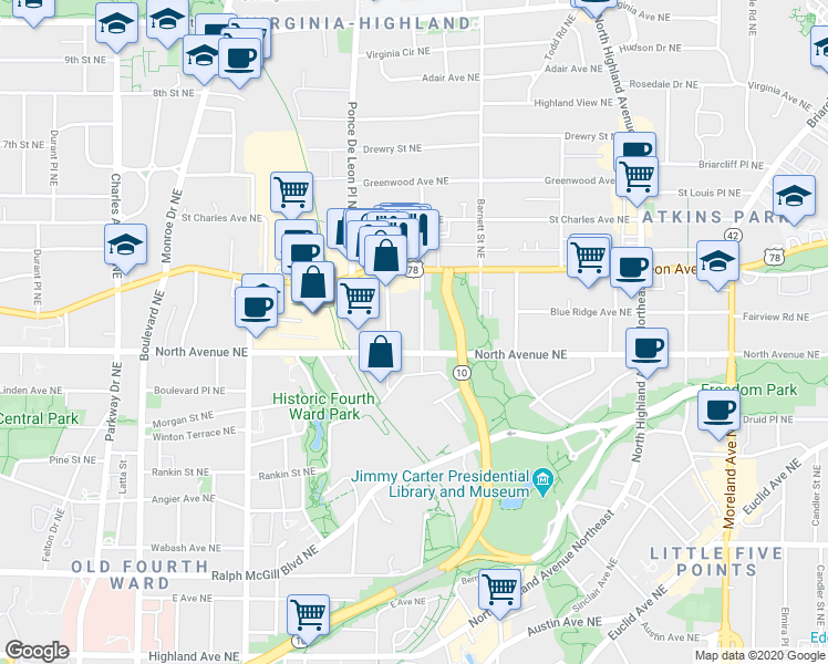 map of restaurants, bars, coffee shops, grocery stores, and more near 634 Bonaventure Avenue Northeast in Atlanta