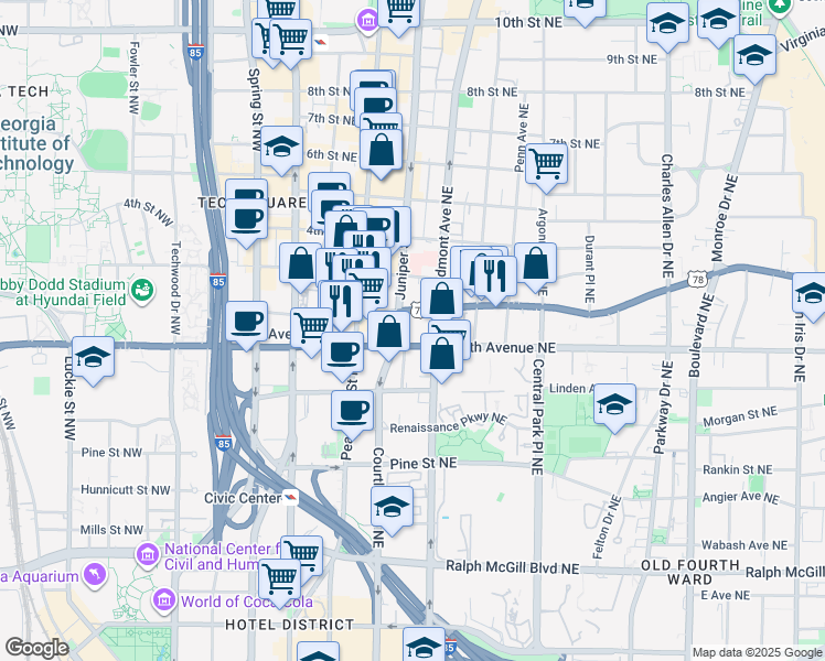 map of restaurants, bars, coffee shops, grocery stores, and more near 131 Ponce De Leon Avenue Northeast in Atlanta
