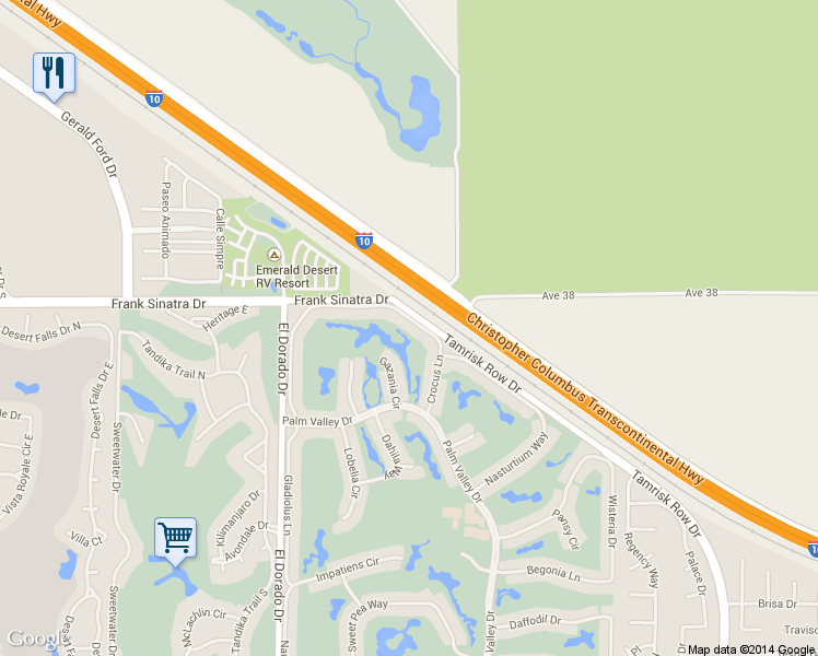 map of restaurants, bars, coffee shops, grocery stores, and more near 38119 Crocus Lane in Palm Desert