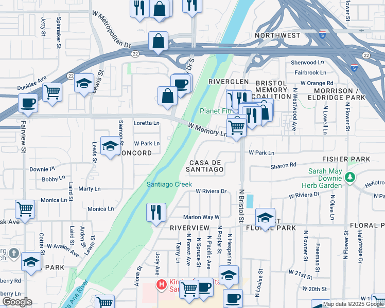 map of restaurants, bars, coffee shops, grocery stores, and more near 2534 Alona Street in Santa Ana