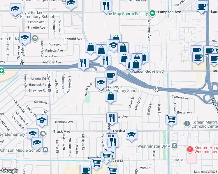 map of restaurants, bars, coffee shops, grocery stores, and more near Goldenwest Street & Natal Drive in Westminster