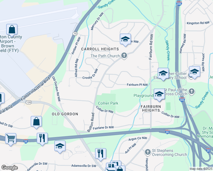 map of restaurants, bars, coffee shops, grocery stores, and more near 3593 Adkins Road Northwest in Atlanta