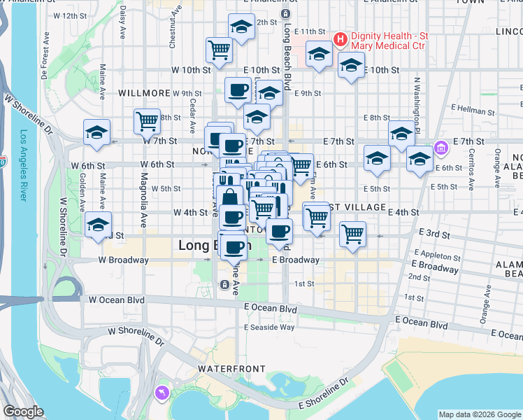 map of restaurants, bars, coffee shops, grocery stores, and more near 7 East 4th Street in Long Beach