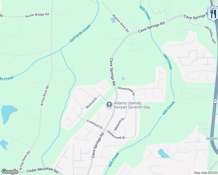 map of restaurants, bars, coffee shops, grocery stores, and more near 5721 Castlebrook Drive in Douglasville