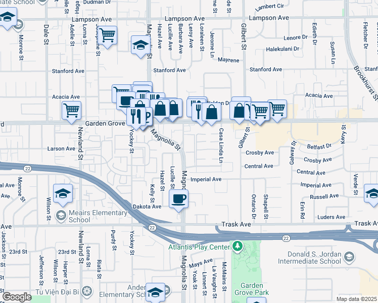 map of restaurants, bars, coffee shops, grocery stores, and more near 13212 Magnolia Street in Garden Grove